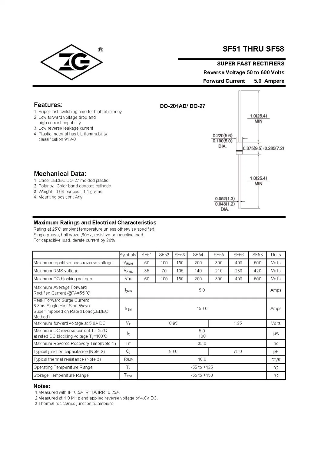 Sf51 50V 5A DIP Super Fast Recovery Rectifiers Diode