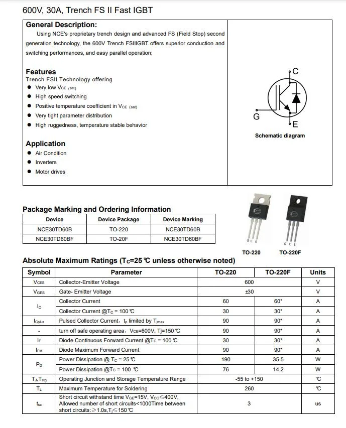 600V, 30A Fast IGBT MOSFET TRANSISTOR NCE30TD60B,NCE30TD60BF